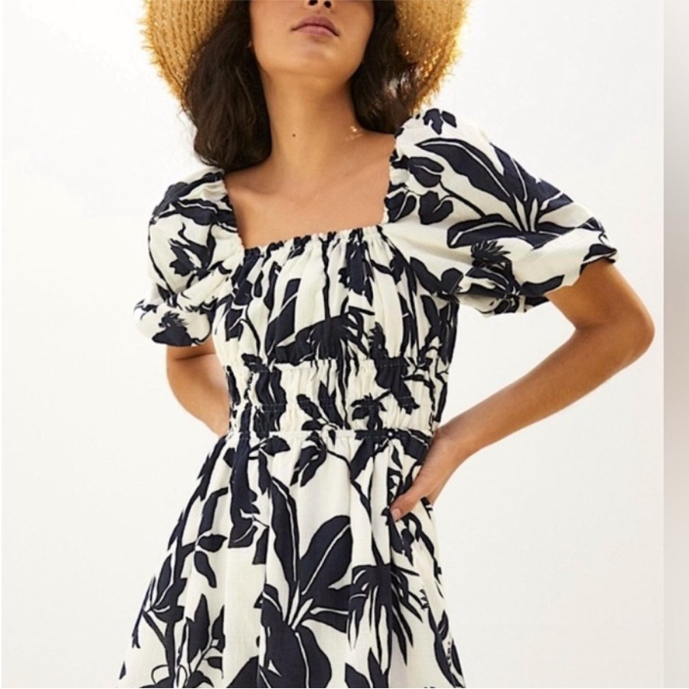 Anthropologie Black and Cream Floral Puff-Sleeve Mini Dress